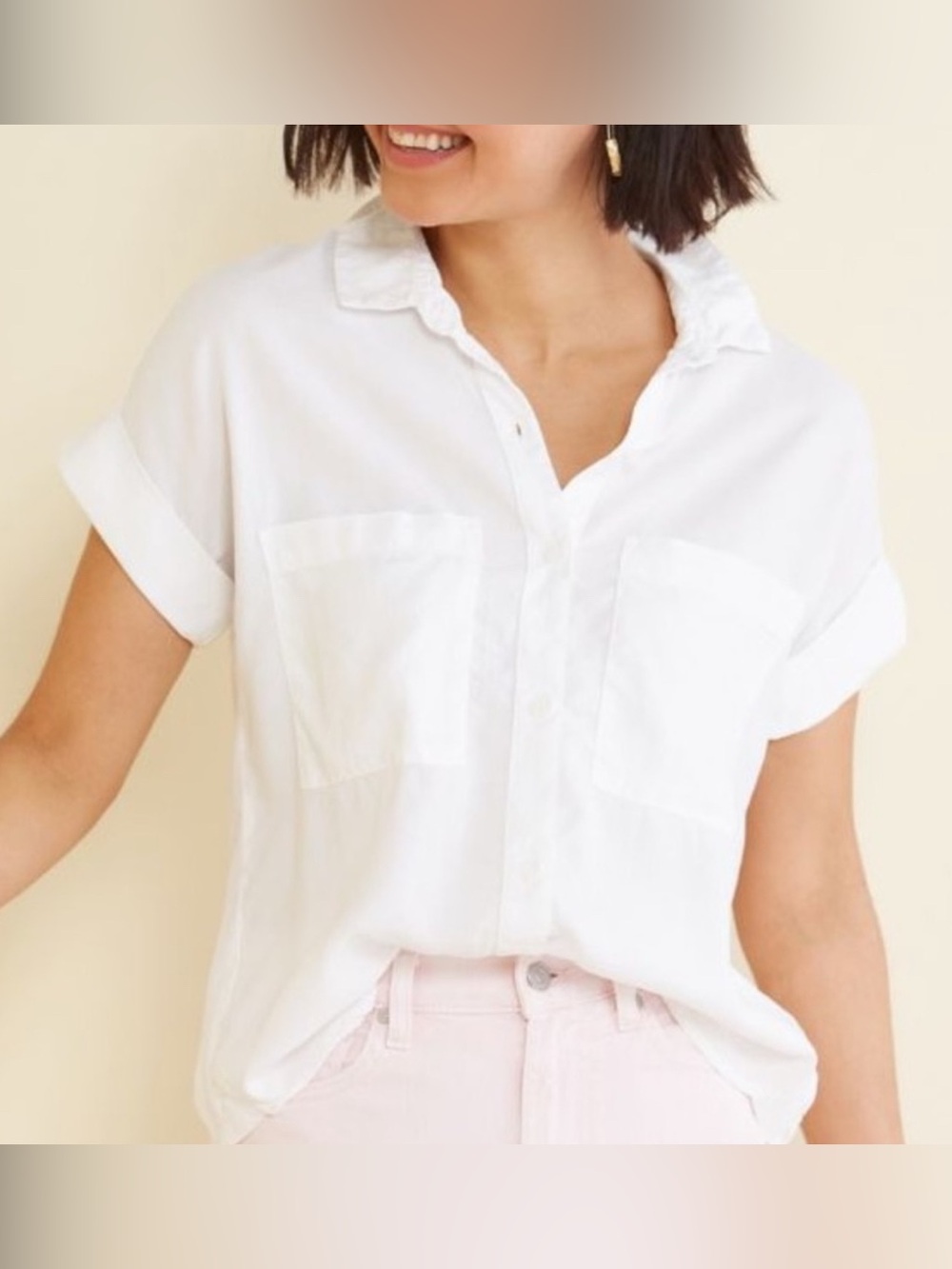 Cloth & Stone White Relaxed Short-Sleeve Button-Down 100% Tencel Top